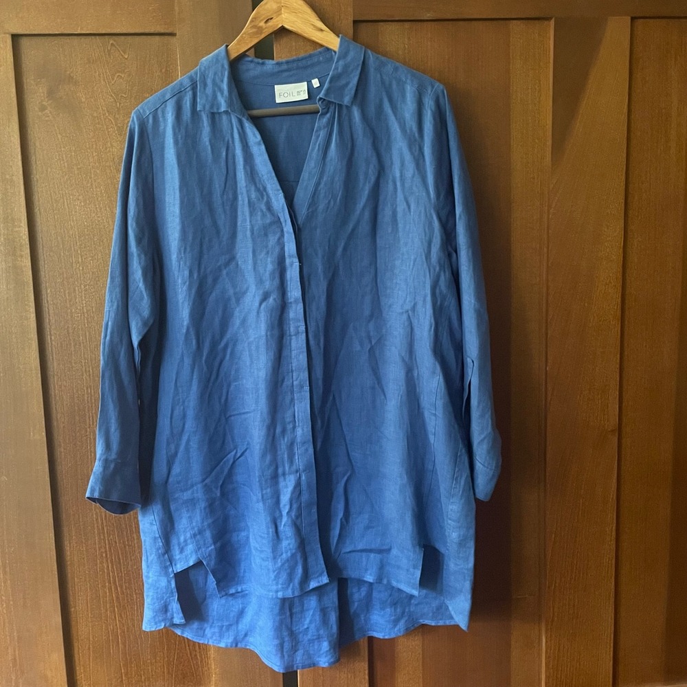 FOIL Linen Tunic Top Long Sleeve Button Down Shirt Size 10 Minimalist Lagenlook